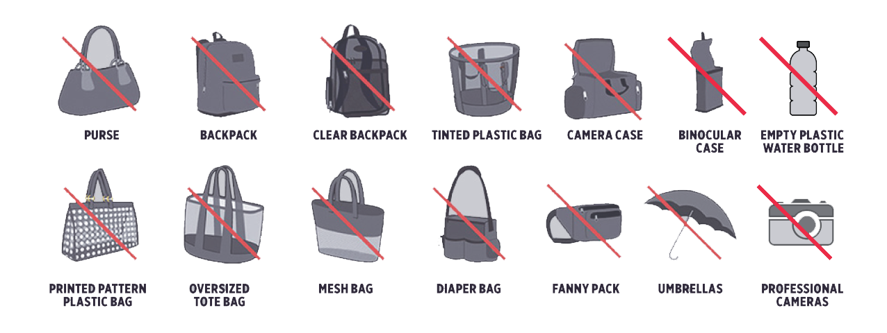 Image of different purses and bags crossed out as prohibited items