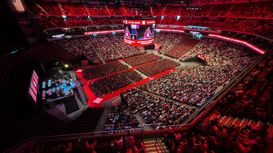 Pinnacle Bank Arena is filled with graduates and their families for the commencement ceremony.