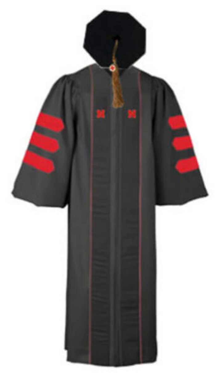 a gown, stole, and cap for a student graduating with a doctorate degree