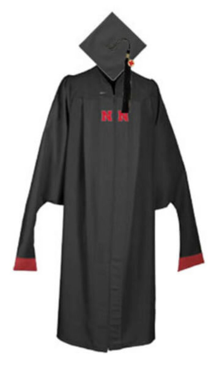 a gown, stole, and cap for a student graduating with a master's degree